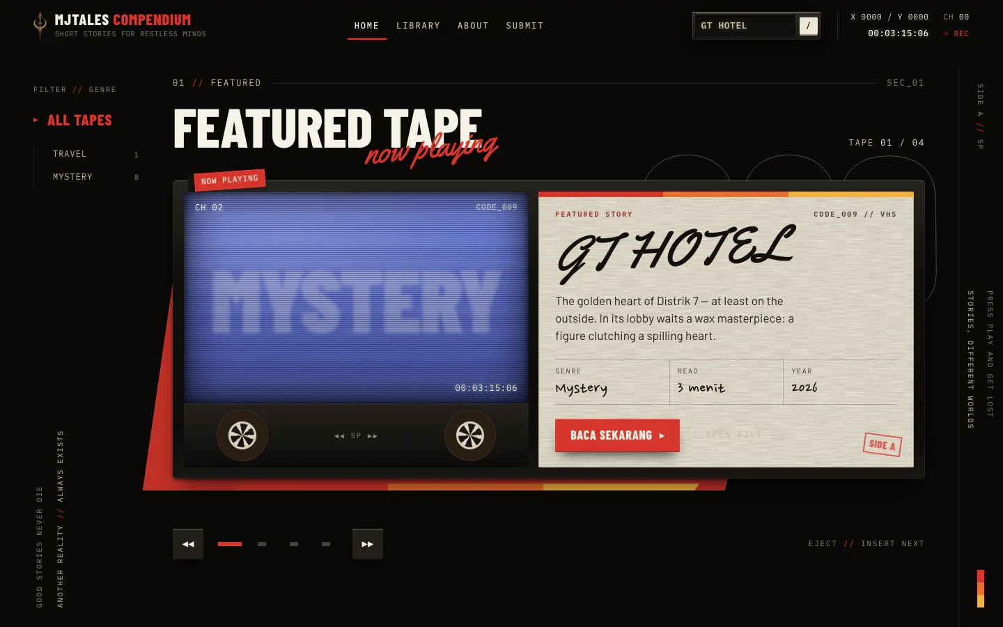 MJTales Compendium homepage: a VHS tape player showing the featured story “GT Hotel” beside its story card